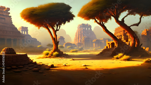 ancient temple in the desert with palm trees - painted illustration - concept art - background