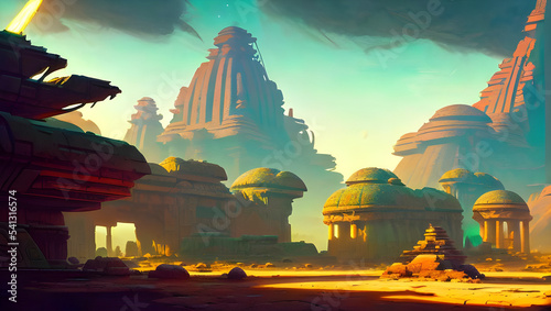 ancient temple in the desert with palm trees - painted illustration - concept art - background