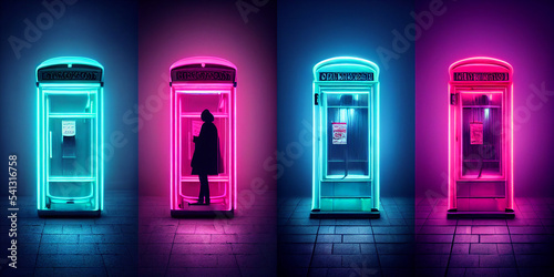 Neon light london phone booth, background with lights, collection
