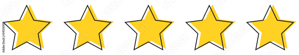 Five yellow stars icons. Quality rankings set. Design for web and mobile app. Vector illustration Five yellow stars icons. Quality rankings set. Design for web and mobile app. Vector illustration