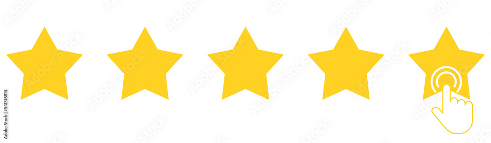 Five yellow stars with clicking hand. Customer feedback 5 stars scale. Rating sign. Five yellow stars with clicking hand. Customer feedback 5 stars scale. Rating sign.