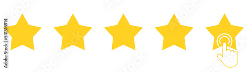 Five yellow stars with clicking hand. Customer feedback 5 stars scale. Rating sign.