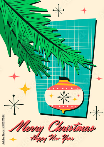 Vintage Style Winter Holidays Greeting Card. Mid Century Modern Christmas And New Year Decorations Poster