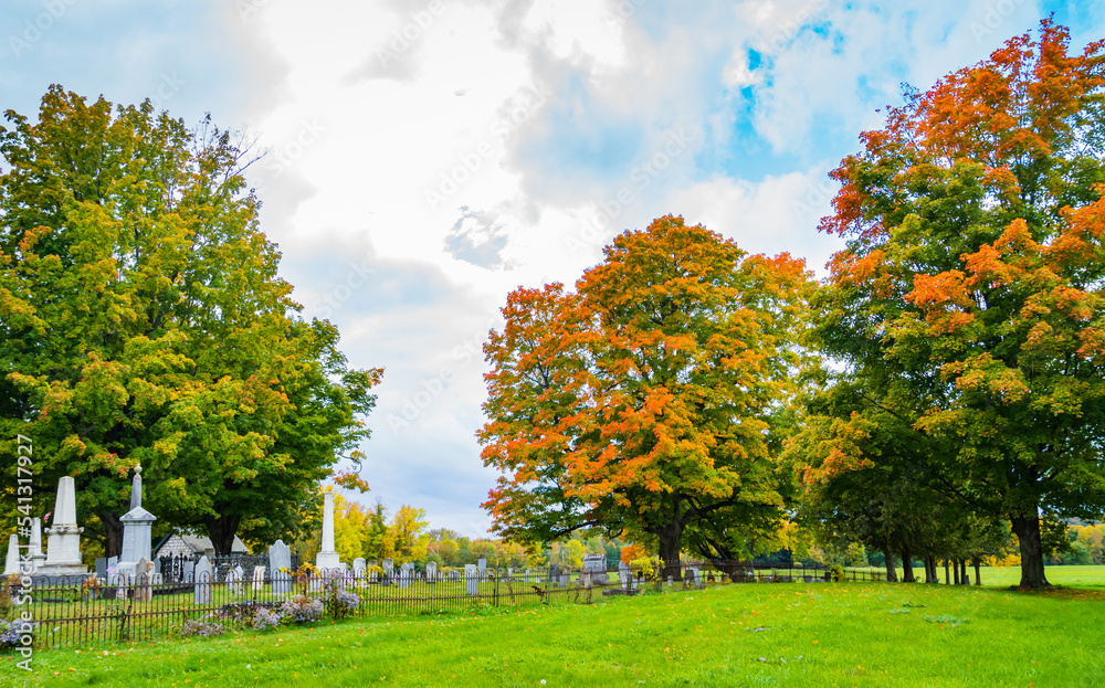 Naklejka premium cemetery with white gravestones with bright autumn colors of fall foliage 