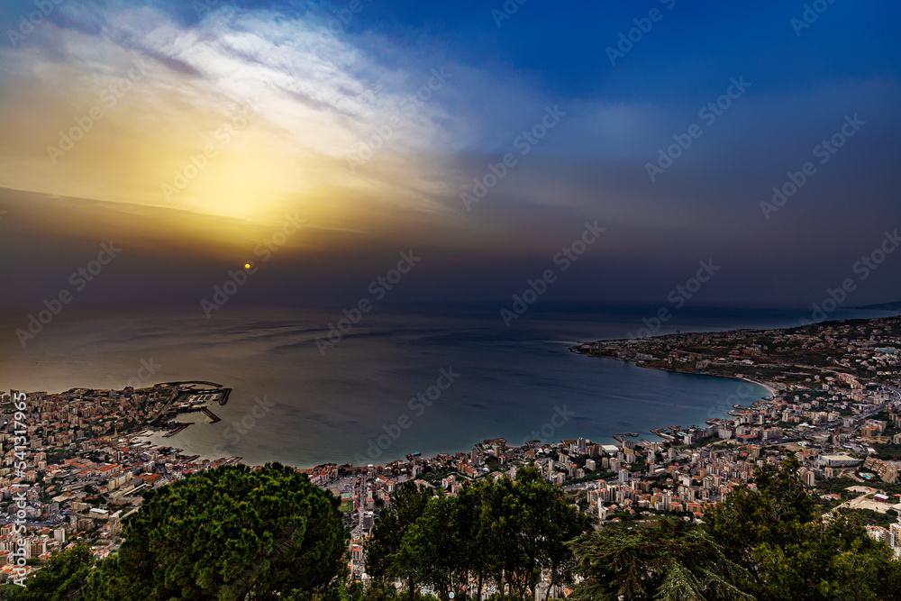 Lebanon. Jounieh. View of city and Jounieh Bay from Harrisa at sunset