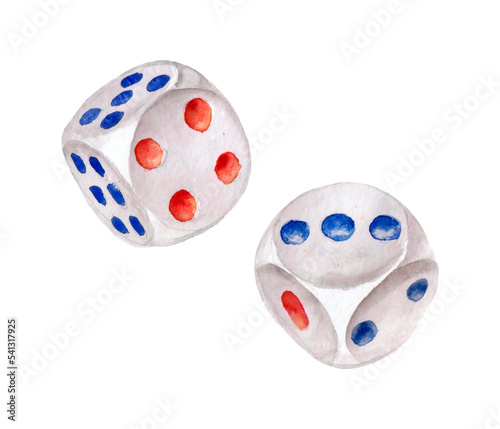 Obraz na plátně Close up Two Watercolor Rolling Snake Eyes Dice with Blue and Red Markings, Isol