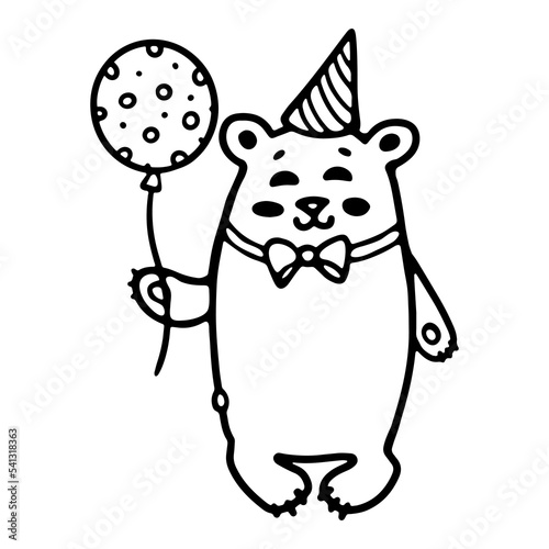 Cute Bear in a cap, with a bow and with a balloon. Cartoon outline doodle Vector. Coloring book for kids. Teddy Bear character hand-drawn animal illustration. For design Happy birthday greeting card