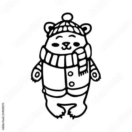 Cute bear in winter clothes, scarf, and hat. Cartoon outline doodle Vector. Coloring book for kids. Teddy Ð’ear hand-drawn animal illustration.