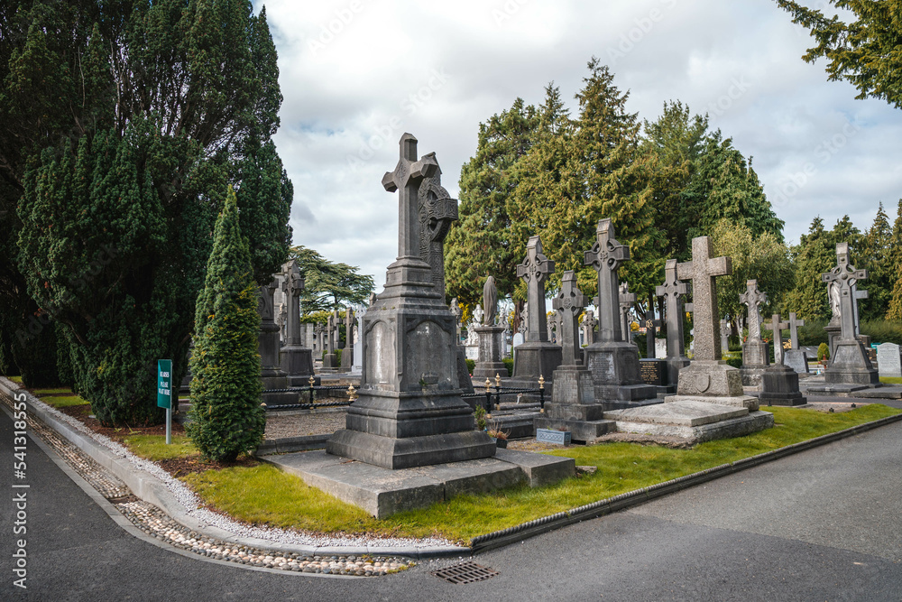 Tombstones in cemetery at dusk, Ireland