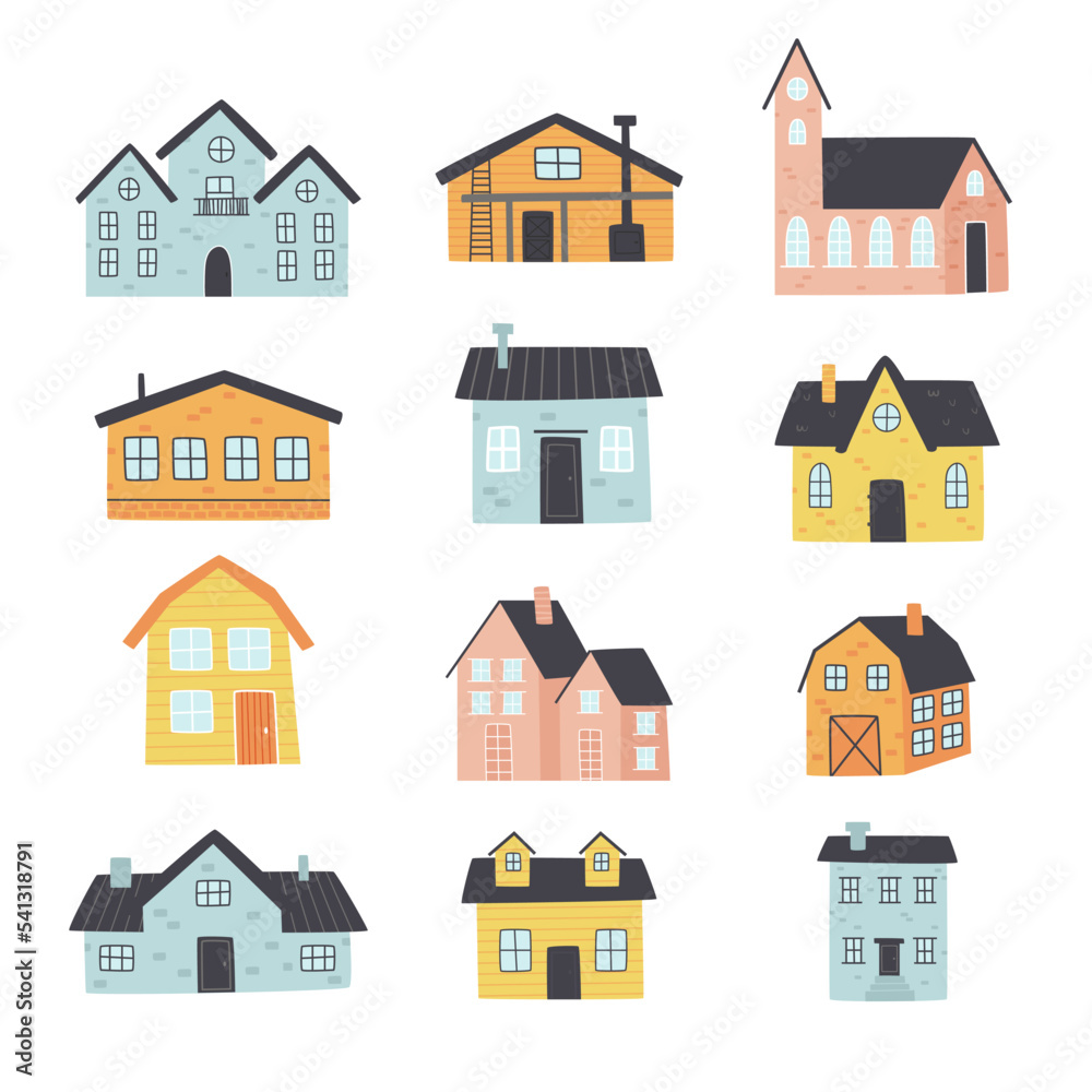 vector collection of cute houses in pastel colors