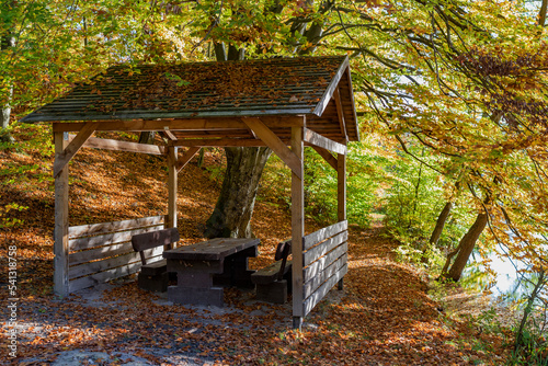 A wooden house in the forest for relaxing on the trail. A clear and sunny autumn day.