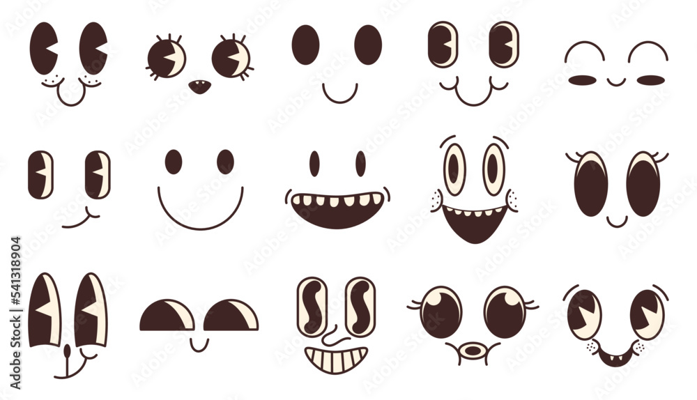 Groovy cartoon characters template. Funny happy emoji with eyes and smile. Stock Vector | Adobe Stock Groovy cartoon characters template. Funny happy emoji with eyes and smile. Stock Vector | Adobe Stock