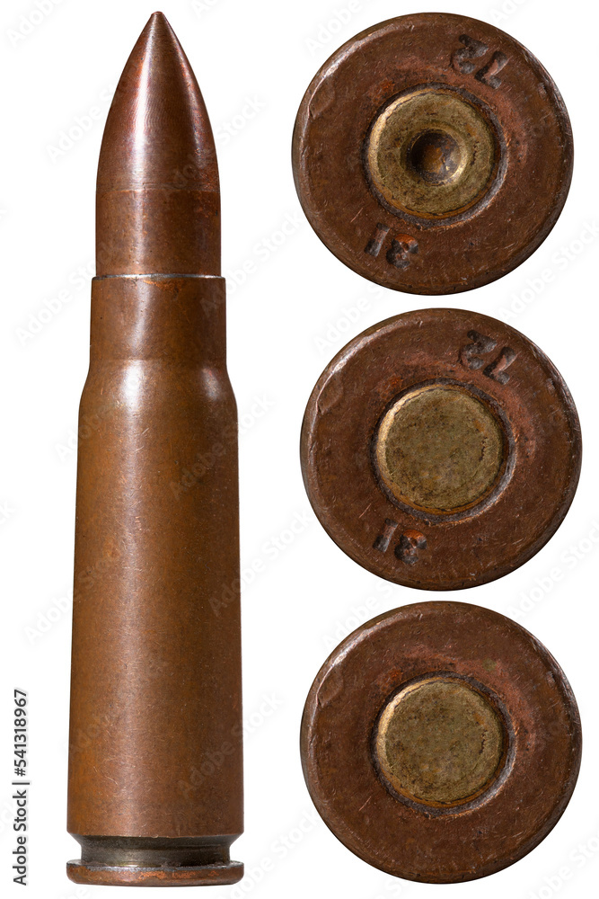 Rifle cartridge and various blasting caps on an isolated background.
