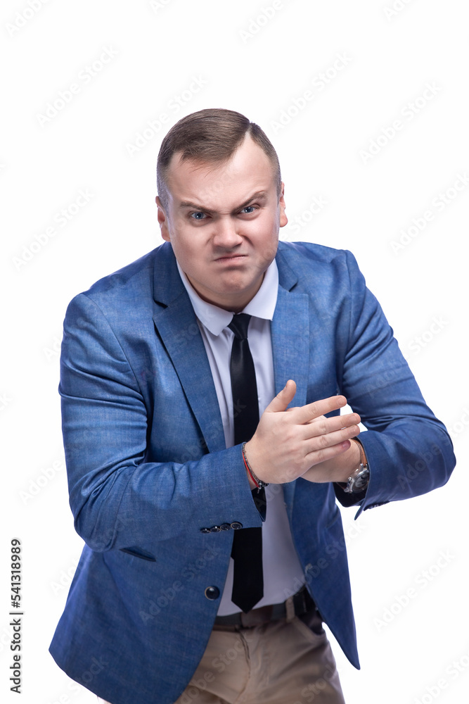 young man looking angry, gesturing with hands that he will be ready to fight. white background 