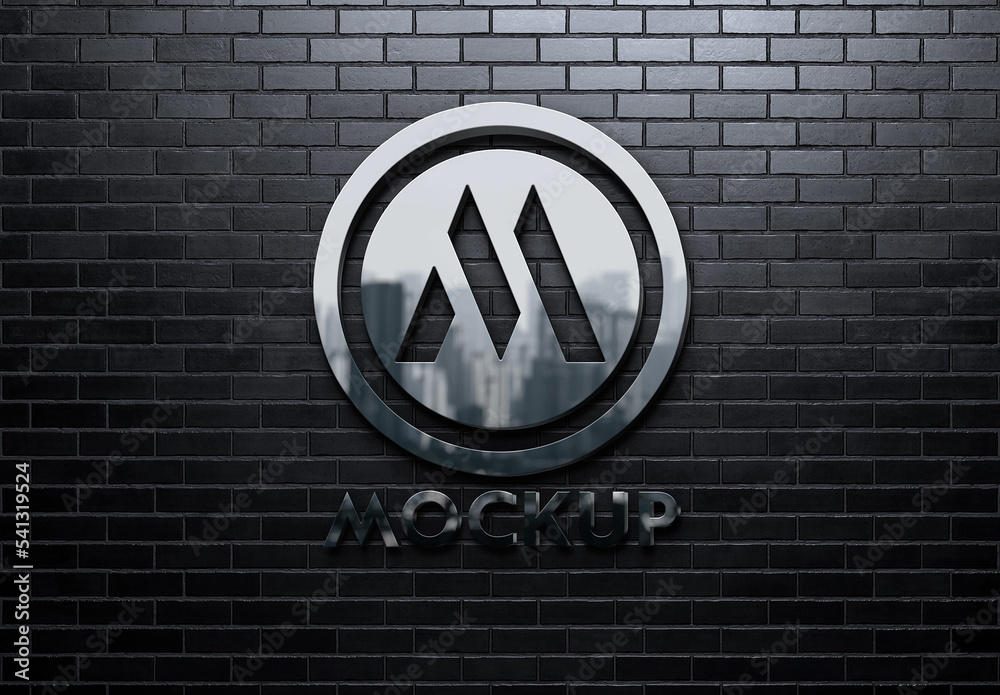 Metal Logo Mockup with 3D Reflection Effect on Dark Brick Wall Stock ...