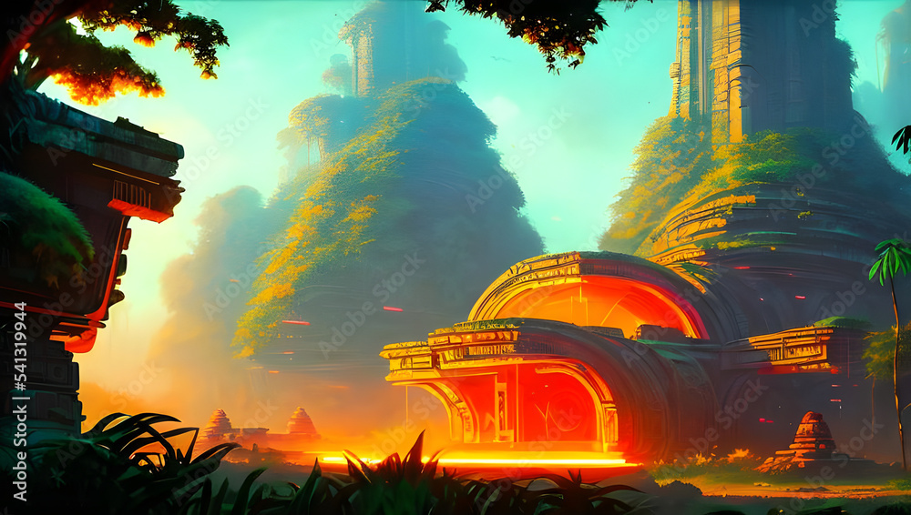 ancient science fiction temple ruins on an alien planet in the jungle ...