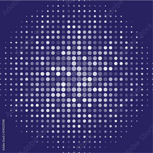 Purple halftone circle random pattern. White halftone circle purple background. White halftone circle random opacity pattern. White dot circle abstract pattern.