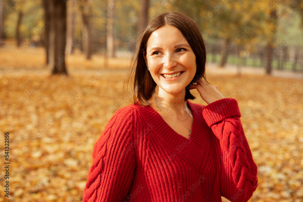 Portrait of smiling charming woman in cozy red knitted sweater isolated on golden foliage background. Happy young lady walk in autumn park on sunny day. Fall nature, active lifestyle, outdoor leisure Portrait of smiling charming woman in cozy red knitted sweater isolated on golden foliage background. Happy young lady walk in autumn park on sunny day. Fall nature, active lifestyle, outdoor leisure