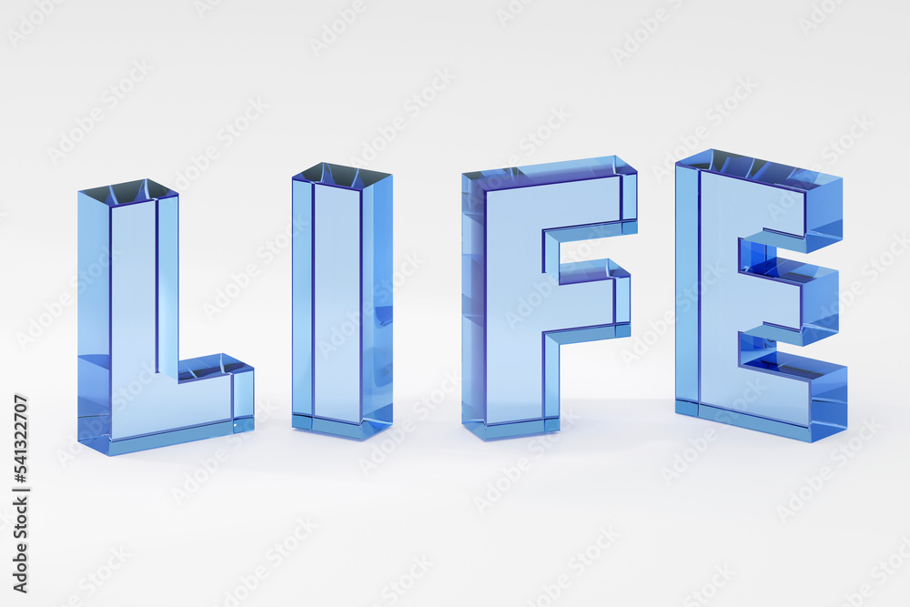 Luxury glass inscription Life on grey podium, soft light, smooth background, 3d rendering Luxury glass inscription Life on grey podium, soft light, smooth background, 3d rendering