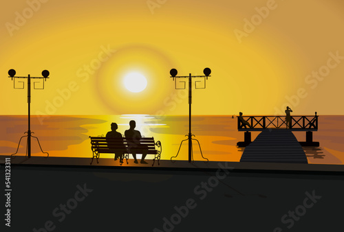 Summer sea sunset. Seascape with people silhouettes, street lights, bench, bridge, pier. Vector illustration.