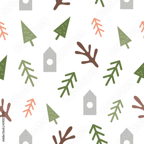 Abstract seamless pattern with winter elements. Vector white background in a cute flat style. Perfect for wrapping paper, scrupbooking, napkins for decoupage or children's design photo