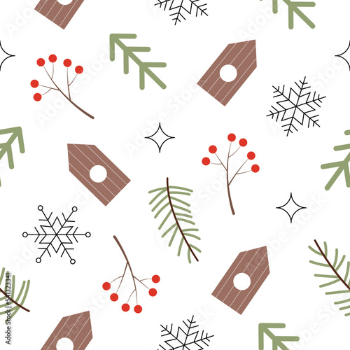 Abstract seamless pattern with winter elements. Vector white background in a flat hand drawn style. Perfect for wrapping paper, scrupbooking, napkins for decoupage or children's design photo