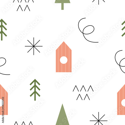 Abstract seamless pattern with natural elements. Vector white background in a flat style. Perfect for wrapping paper, scrupbooking, napkins for decoupage or children's design photo