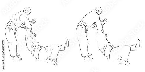 Sketch judoist, judoka athlete duel, fight, judo, pack of sport figure silhouette outline