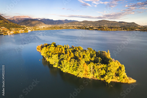 Aerial view of Pusiano Lake and Isola dei Cipressi, in Como, Lombardy, Italy photo
