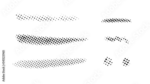 Grunge halftone strokes and stops set. Black comic pop art stripes and lines collection. Halftone textured spot, blot and stain shapes. Monochrome dotted design element.