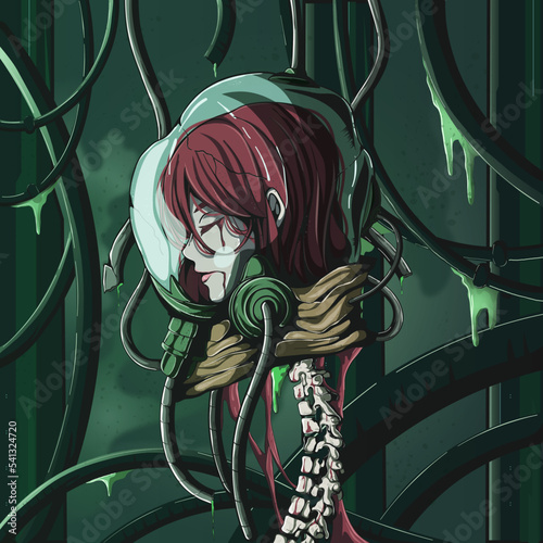 severed head of a girl with a helmet in a laboratory