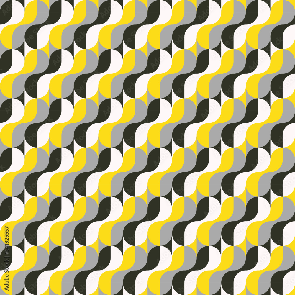 Wavy circles seamless in yellow, gray, white and black. Can be used for fashion graphics as textile allover print, home decor as wallpaper, marketing, advertising and web graphic design, wrapping