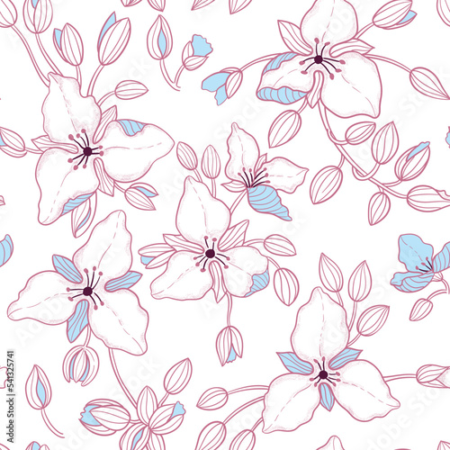 Flowers seamless pattern. Vector line drawing or engraving illustration. Textile composition, hand drawn style print.