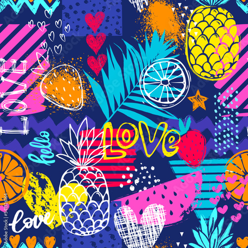 Fashion tropics funny wallpapers. Seamless pattern with pineapples, strawberries and oranges on white background. Bright fruits mix design for fabric and decor.