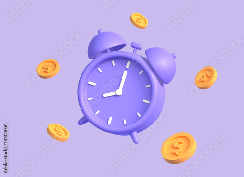 3d alarm clock and gold coins in a realistic style. money investment concept, loans, income and financial savings, fast money. 3d rendering photo