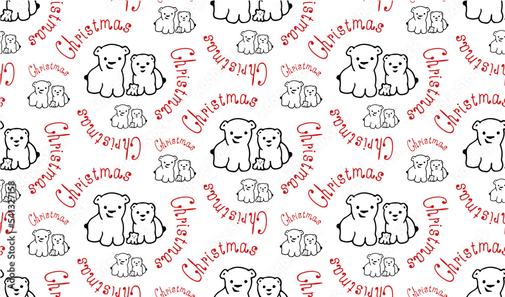 White bears family seamless pattern. Red Christmas text. Vector image.