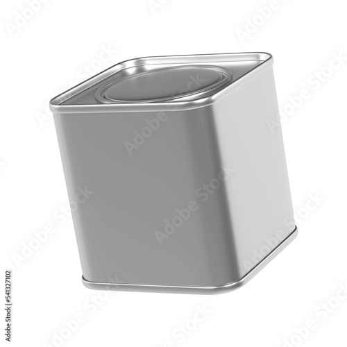 Metal tea tin can. Isolated square tea box vector mockup design. Modern tea brand package for label advertisement, simple 3d aluminum metallic container, protective storage with shutter