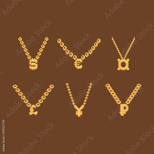 Pixel art golden chain accessories set. Dollar, euro, pound, ruble, yen, universal currency symbol amulets. Isolated thug life rap money icon set