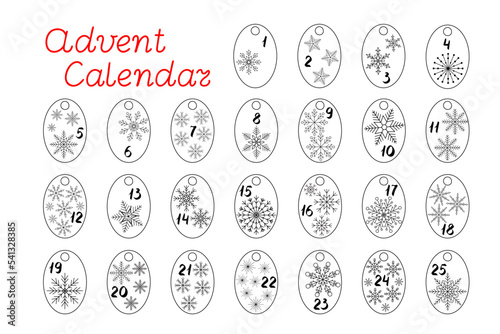Snowflake Christmas gifts tag labels set outline hand drawn doodle vector illustration, Christmas, New Year festive holiday decor, Advent Calendar