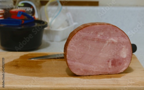 Closeup smoke pork ham on a cutting board
