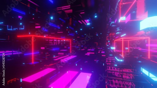 Hi-tech neon sci-fi tunel. Trendy neon glow lines form pattern and construction in mirror tunnel. Fly through technology cyberspace. Complex technological structures. 3d looped seamless 4k bright bg. photo