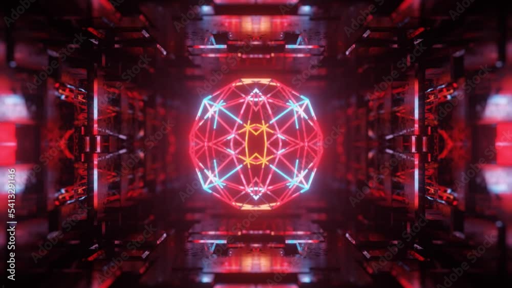 symmetrical 3d object or structure rotates and moves inside glass mirror tunnel with neon light, bright reflections. Fantastic abstract background looped in 4k. Vj loop for show. Night club vj loop symmetrical 3d object or structure rotates and moves inside glass mirror tunnel with neon light, bright reflections. Fantastic abstract background looped in 4k. Vj loop for show. Night club vj loop