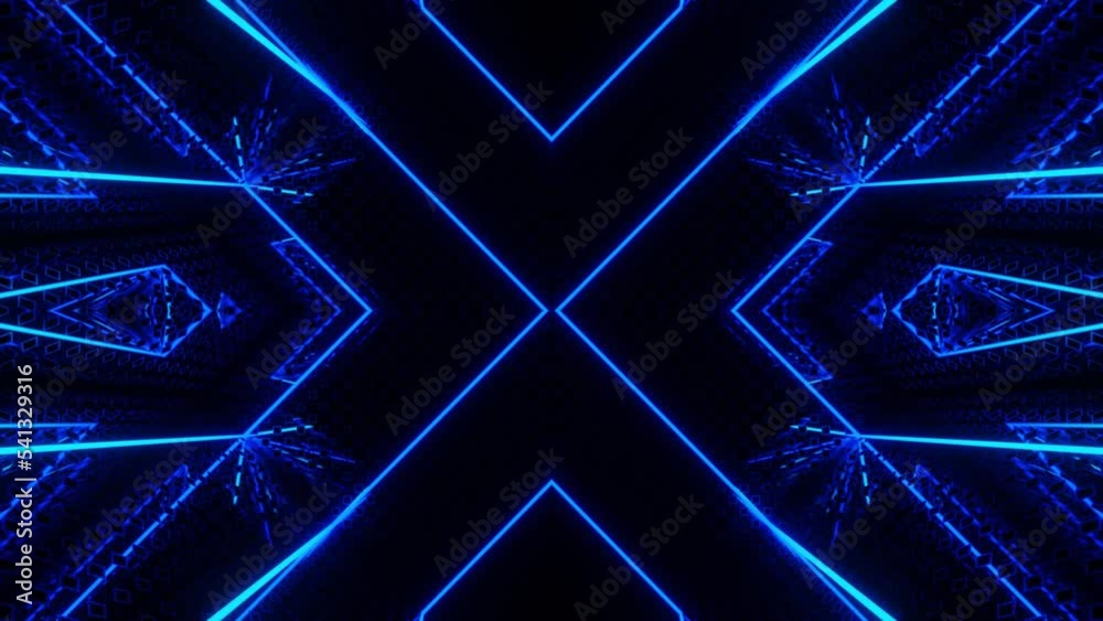 Vj loop neon room. Mirror room with moving neon light. light. Abstract festive bg with bright reflection. Dark room disco lights. Seamless looped bg with neon light. Night club bright neon style bg.