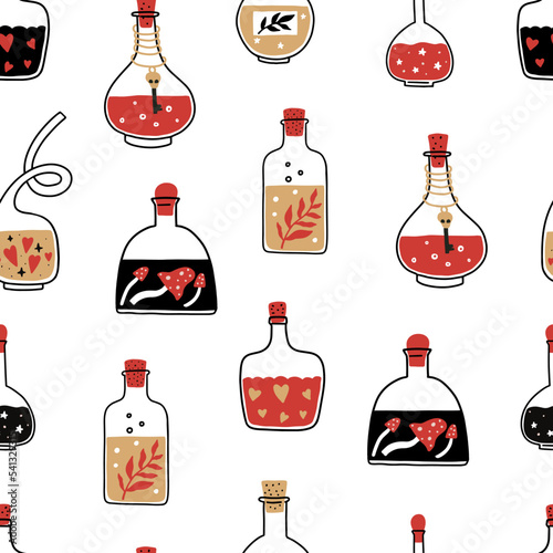 Magic cartoon hand drawn bottles and love potions, elixir seamless pattern. Witchcraft symbols. Vector illustration
