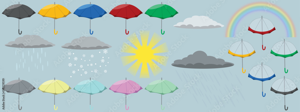 Colorful umbrellas, clouds with rain and snow, sun and rainbow, vector illustration