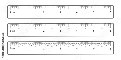 Set of 6 inches rulers with markup, numbers and fractions. Math or geometric tools for distance, height or length measuring isolated on white background. Vector graphic illustration