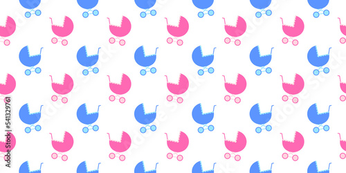 Baby prams seamless pattern. Pink and blue stroller background for scrapbooking or wrapping paper, bedcloth fabric design. Vector flat illustration.