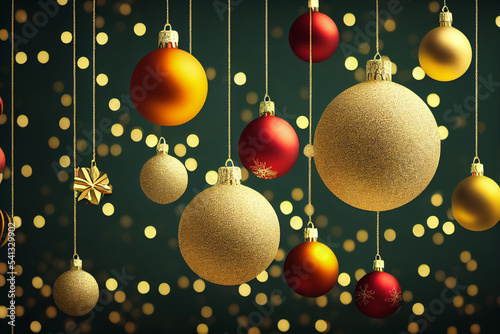 X-mas new year decoration.Red, gold, yellow Christmas balls on contrasting bg