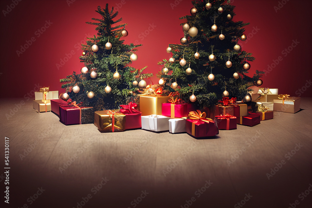 X-mas new year decoration. Christmas tree with lots of christmas presents under it X-mas new year decoration. Christmas tree with lots of christmas presents under it