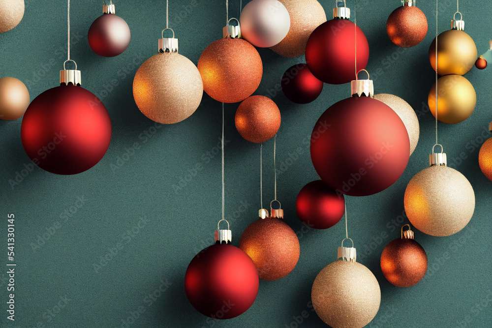 X-mas new year decoration. Lots of dangling red, yellow, white Christmas balls on the tree X-mas new year decoration. Lots of dangling red, yellow, white Christmas balls on the tree